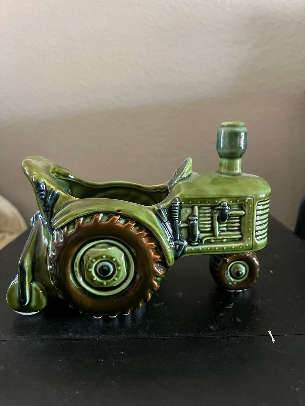 Vintage Small Relpo Ceramic Tractor Planter Green Brown Glaze Mid Century